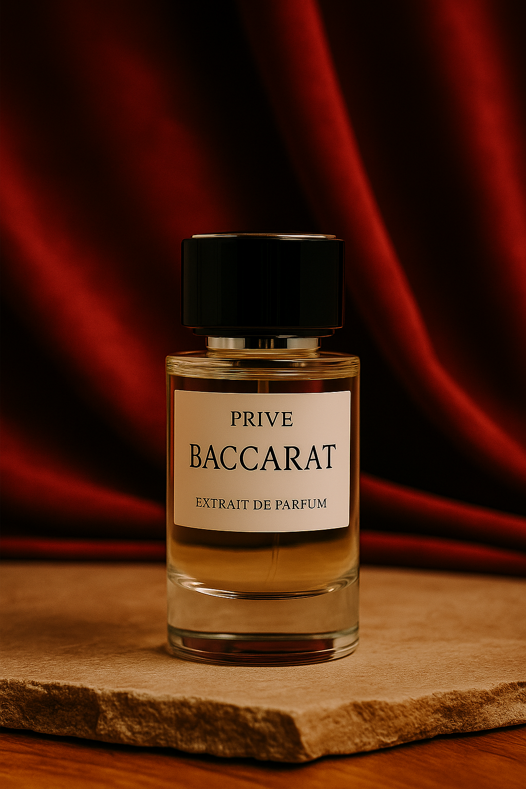 Flacon du parfum Baccarat – Extrait de parfum haut de gamme présenté sur fond rouge élégant – Fragrance de Dardanie