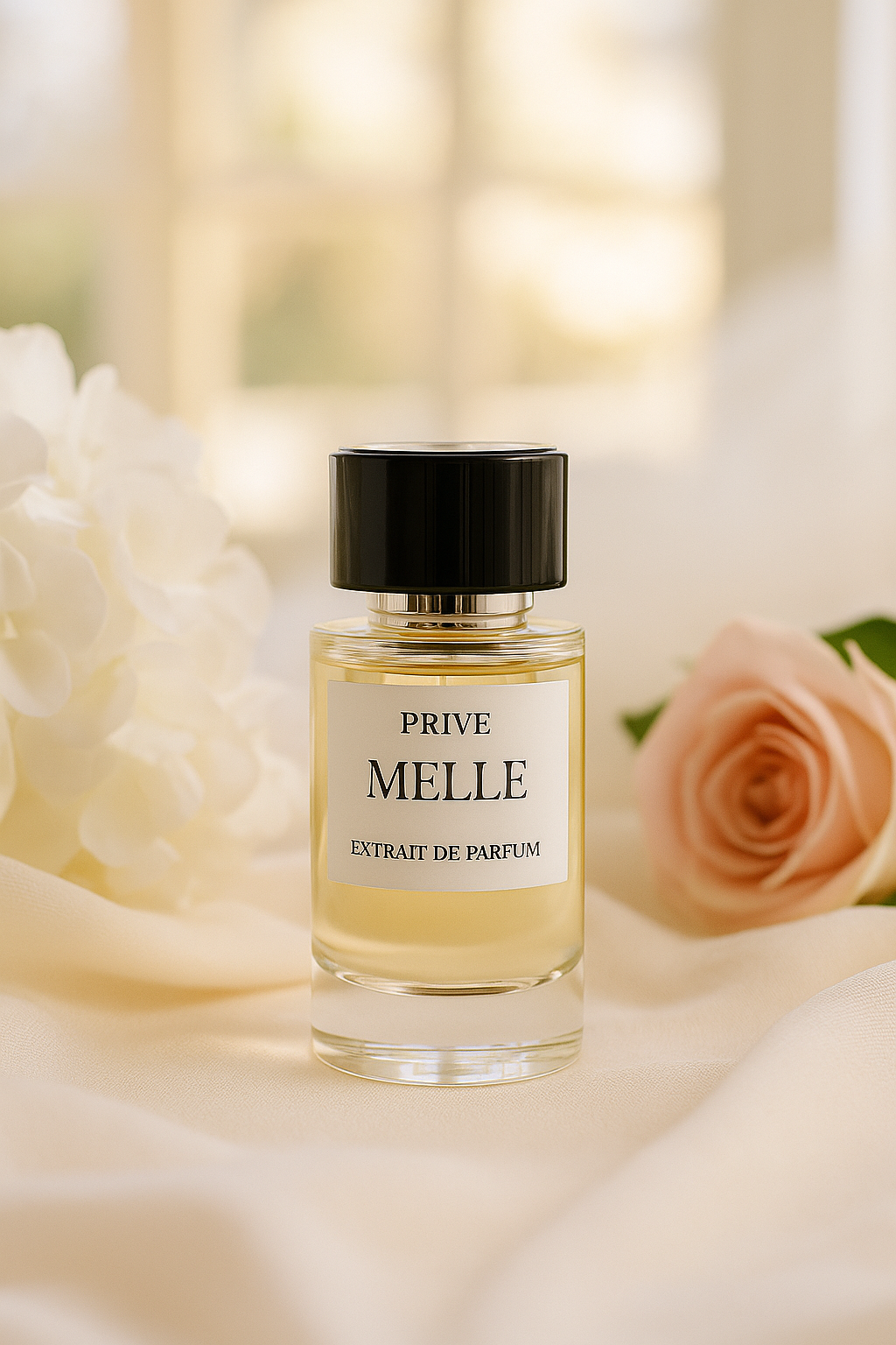Parfum femme Melle – flacon sur fond floral doux avec rose pastel | Fragrance de Dardanie