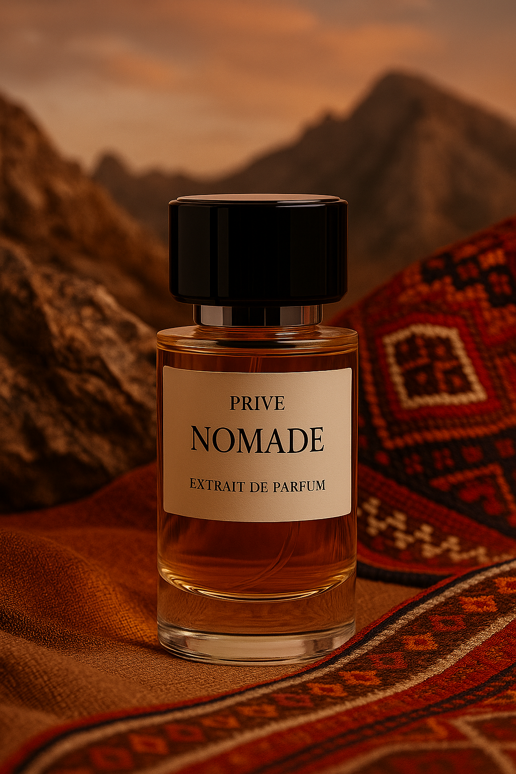 Parfum homme homme – flacon sur fond montagneux et tissu oriental | Fragrance de Dardanie