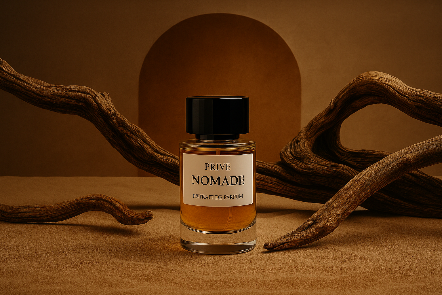 Bannière parfum homme Nomade – Extrait de parfum de luxe sur décor désertique – Fragrance de Dardanie
