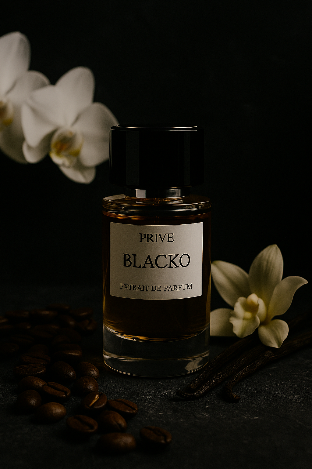 Flacon du parfum femme Blacko posé sur fond noir, entouré de grains de café, gousses de vanille et fleurs blanches