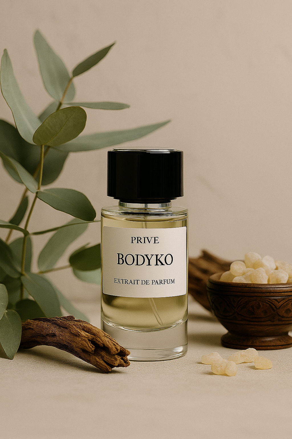 Flacon du parfum homme Bodyko sur fond beige, entouré de résine, de bois naturel et de feuillage vert