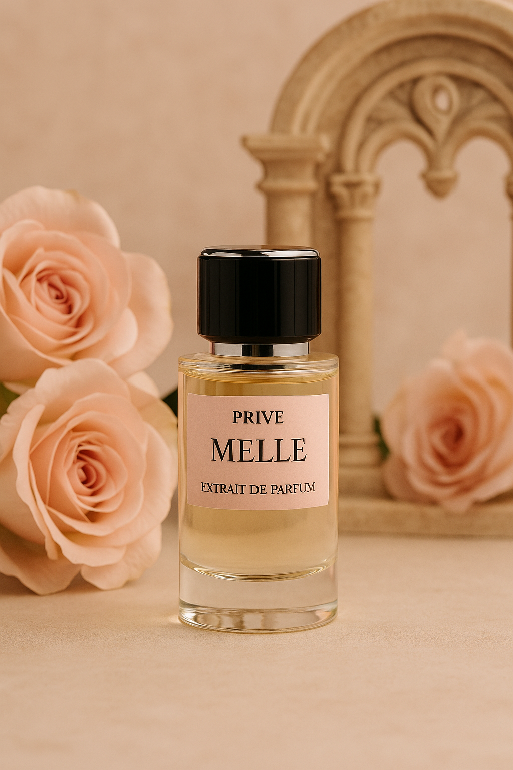 Flacon du parfum femme Melle posé devant des roses et une arche en pierre, ambiance romantique et élégante