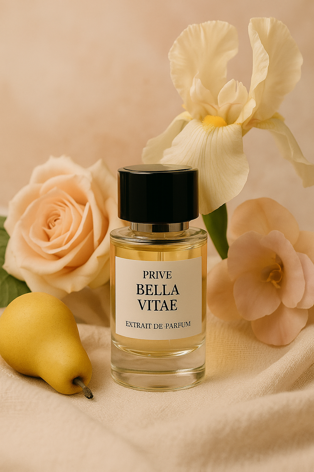Parfum femme Bella Vitae – flacon élégant sur fond floral beige