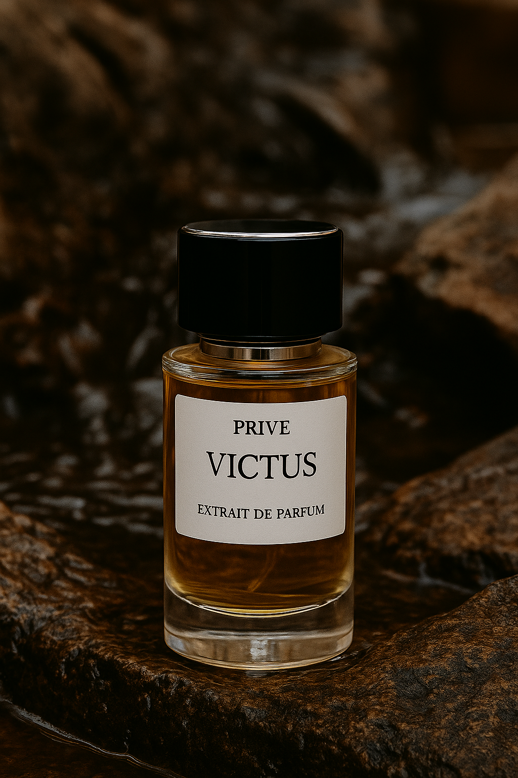 Flacon de parfum homme Victus – Fragrance de Dardanie, extrait de parfum au design élégant sur fond sombre